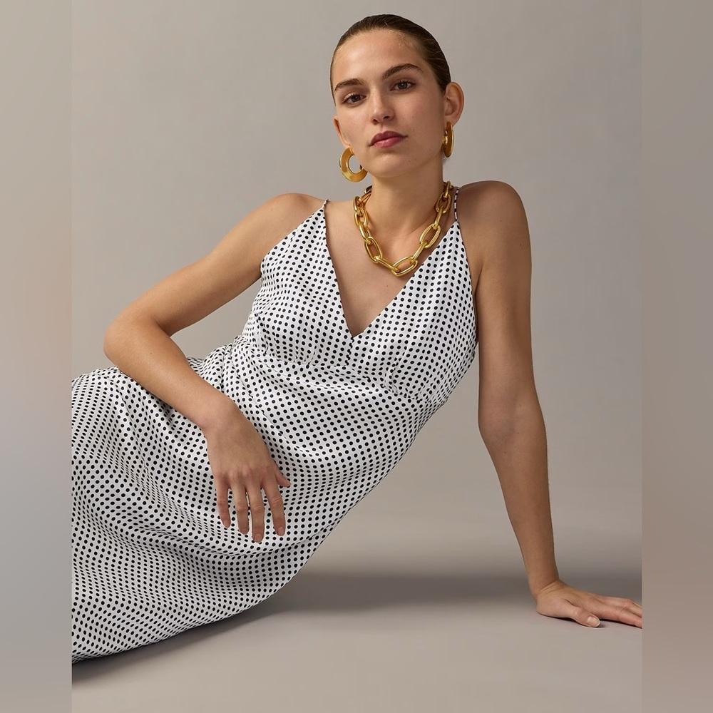 J.Crew Collection full-length luster crepe V-neck slip dress dot print BU220 - Picture 3 of 13